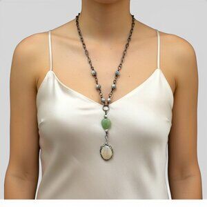 Magnifying Glass Pendant - Jade & Silver Metalwork Artisan Necklace 2" | Alma An